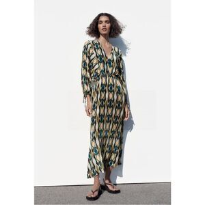 Zara Geometric Print Sateen Maxi Dress Green Blue Tan Long Sleeve Small